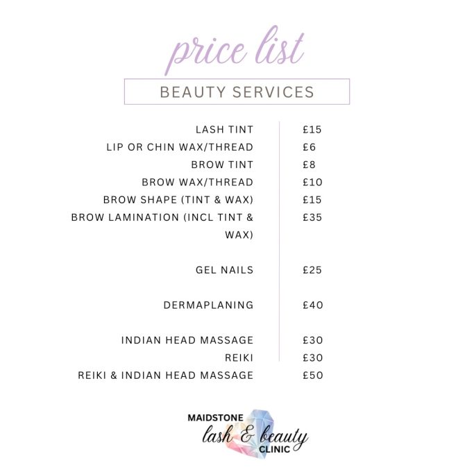 Affordable Beauty Maidstone: Price List